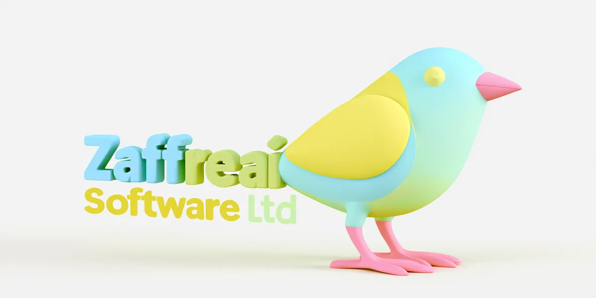 Zaffreai Software Ltd brand illustration: a pastel three-dimensional bird beside the company name